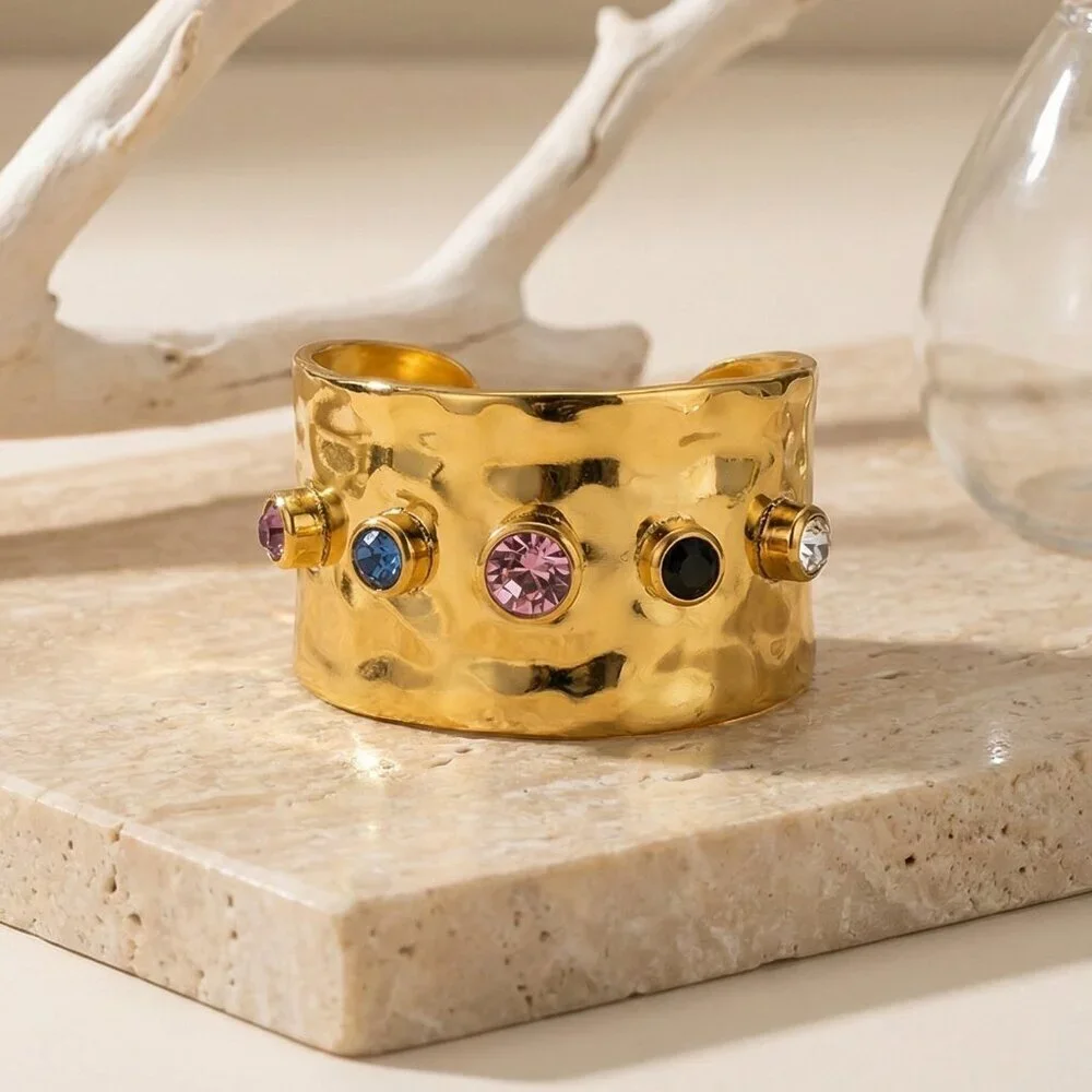 18K Gold Plated Hammered Ring Adjustable Colorful CZ Gemstones Bold Look